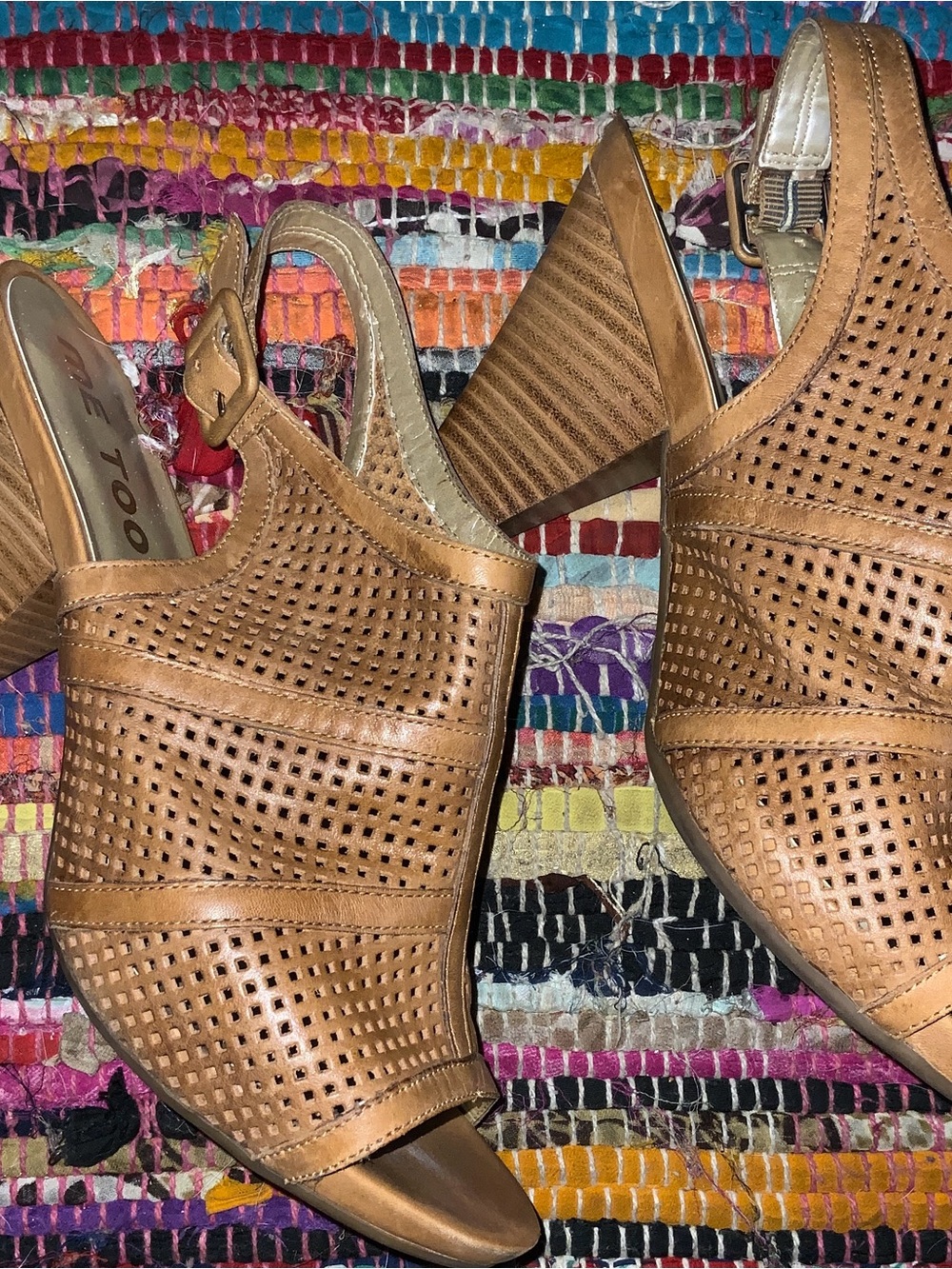 me too Tan Perforated Slingback Block Heel Mules